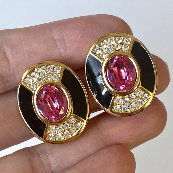 Vintage CHRISTIAN DIOR Crystal Enamel Designer Runway Clip On Earrings Retro - Picture 3 of 9